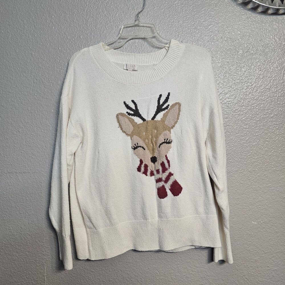 Stitch by Kenzie Chenault Reindeer Ugly Christmas Sweater Ivory Holiday XL H0022